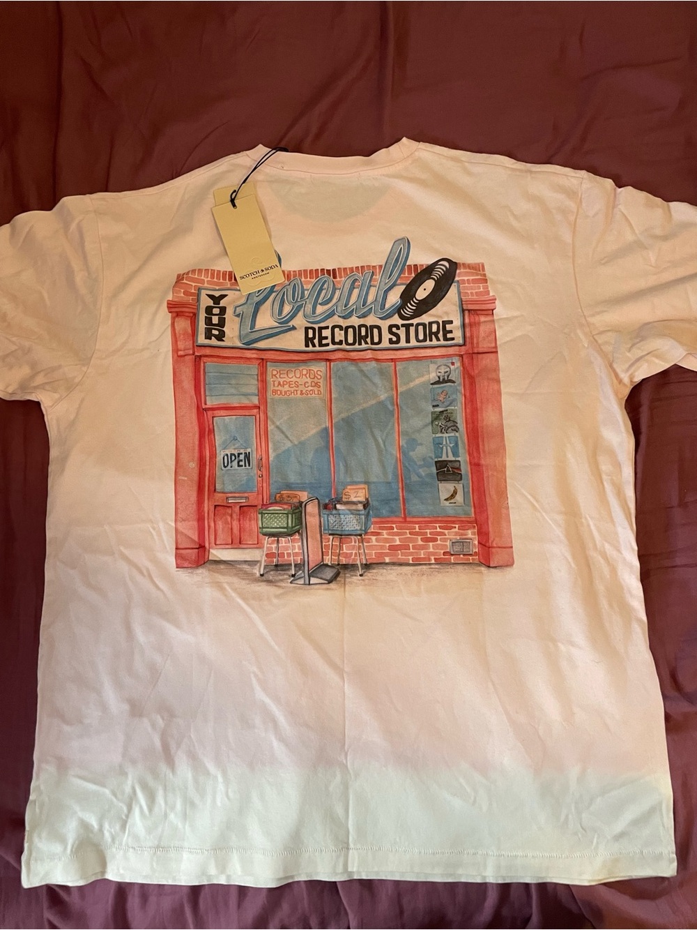 White Graphic Tee with Vintage Record Store Print Sz xl